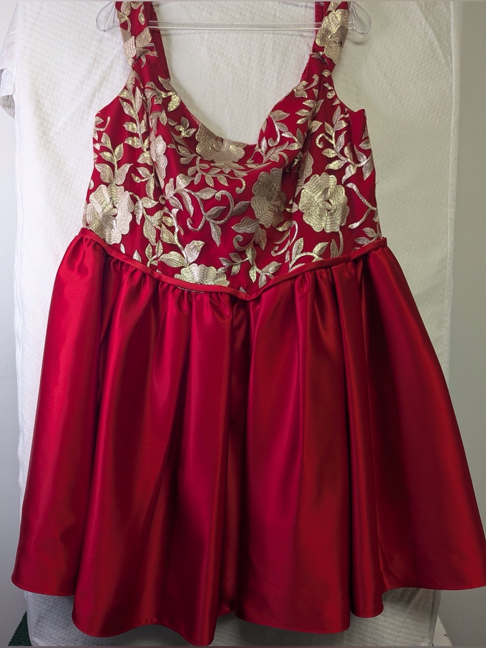 Red Satin Prom Dress with Gold Floral Embroidery